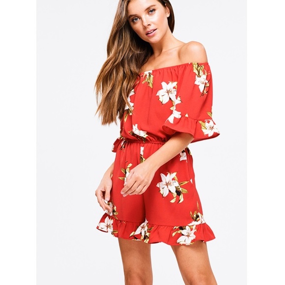 NWT Red Floral Off-the-Shoulder Romper - Picture 8 of 8